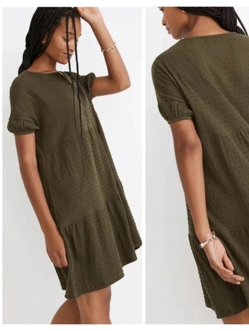 Madewell NWT (Re)sourced Crinkle Knit Tiered Mini Dress Dried Olive Small Casual